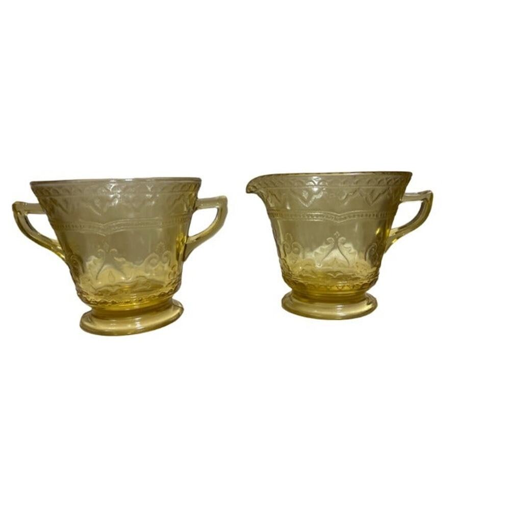 Vintage Federal Glass Depression Glass Patricia Spoke Amber Open Sugar and Cream
